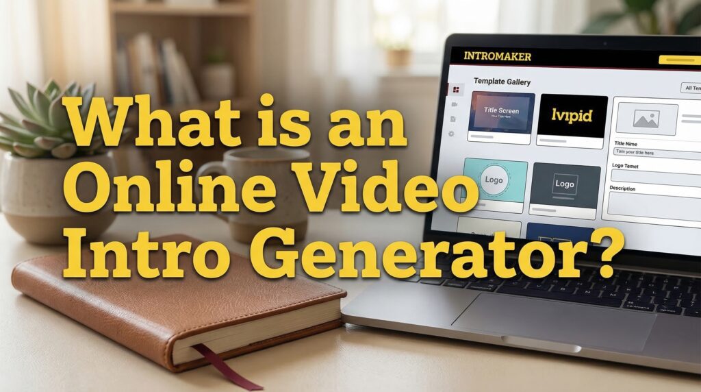 A laptop on a desk displaying templates from an online video intro generator, with plants and a notebook in a cozy workspace.