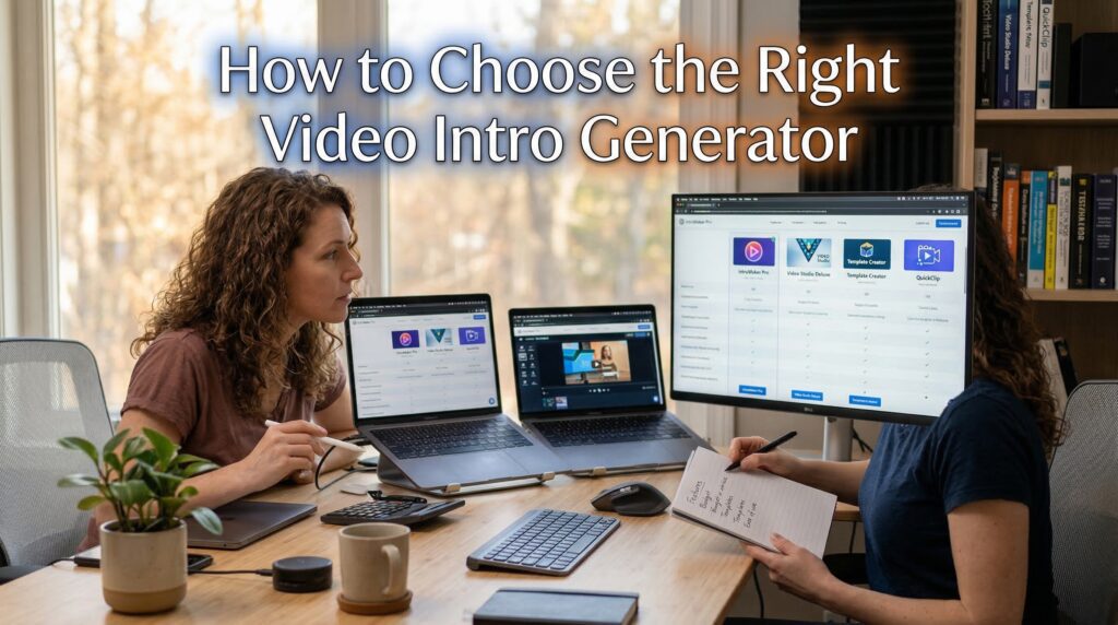 Two women comparing options on multiple screens using an online video intro generator to select the best template for their project.