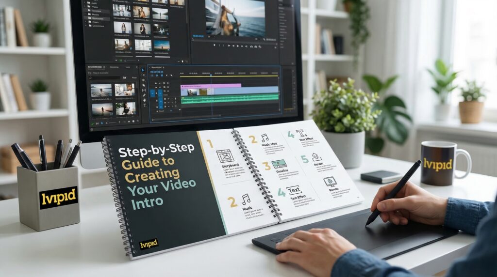 A person using a graphic tablet at a desk with a computer editing software and a notebook, working on a project with an online video intro generator.