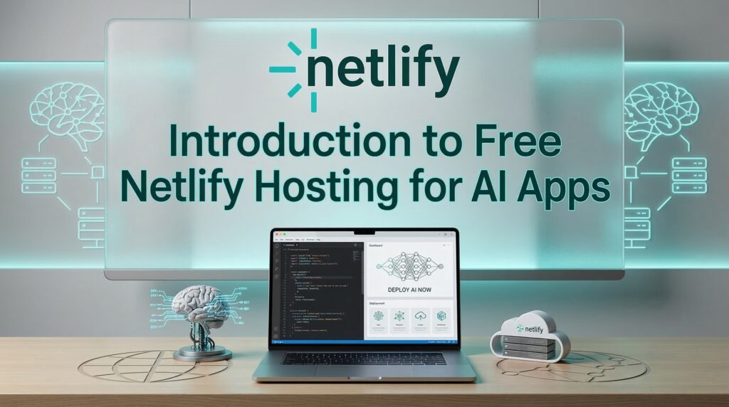 A modern workspace setup with a laptop and tech elements representing free Netlify hosting for AI apps in a futuristic environment.