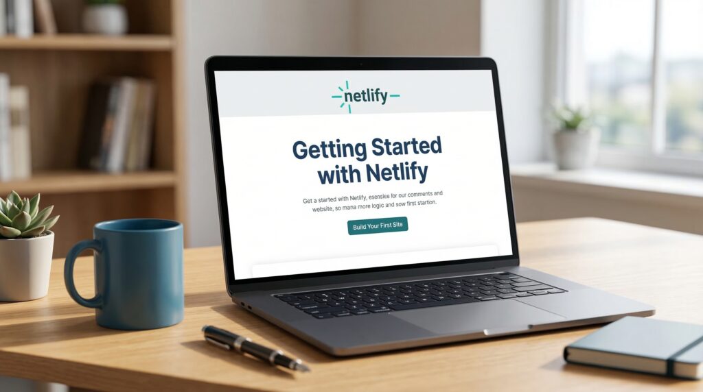 A laptop on a wooden desk displaying a setup screen for free Netlify hosting for AI apps in a bright home office environment.