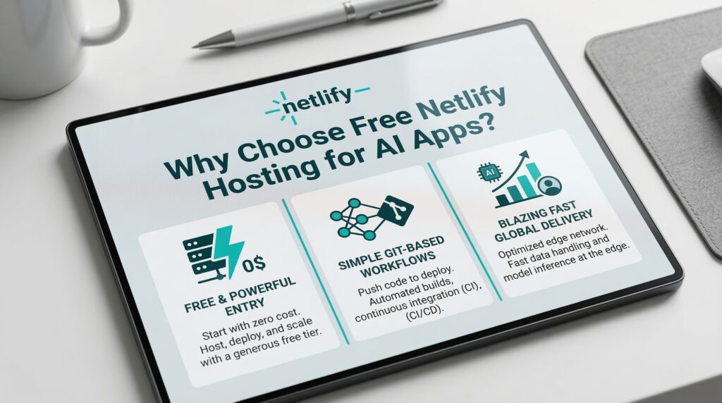 A digital tablet on a desk displaying benefits of free Netlify hosting for AI apps, surrounded by office supplies in a modern workspace.