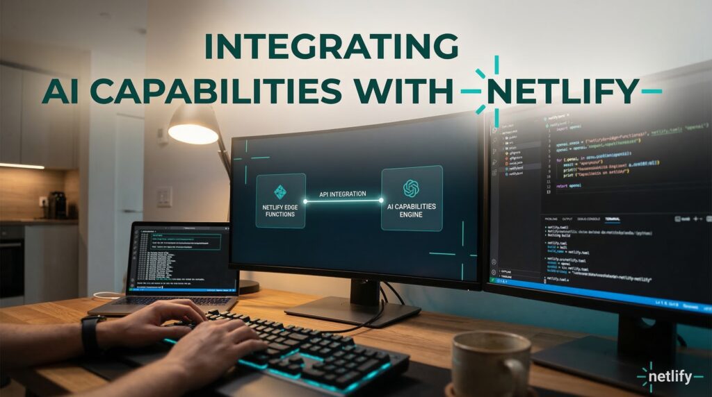 A person working at a desk with multiple monitors displaying code and API integration diagrams in a modern home office environment.