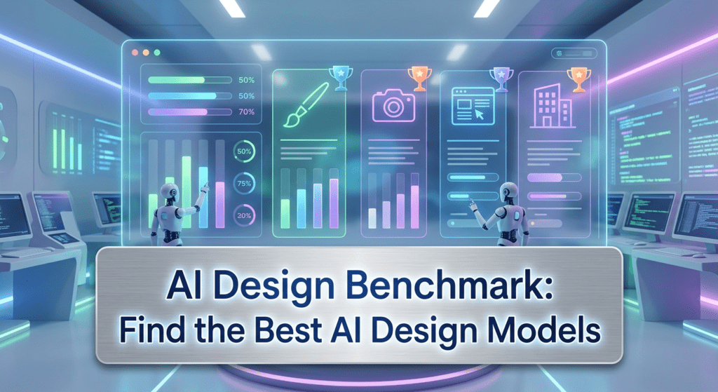 Futuristic dashboard comparing creative model performance metrics and visual outputs in an AI design benchmark environment