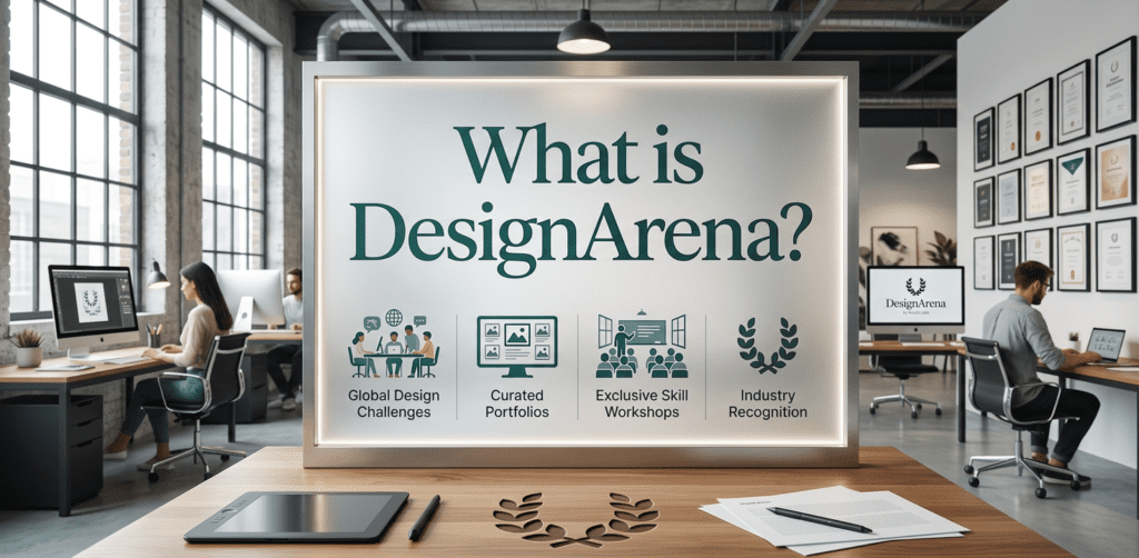 Creative studio workspace representing an AI design benchmark with designers, digital portfolios, and visual evaluation displays