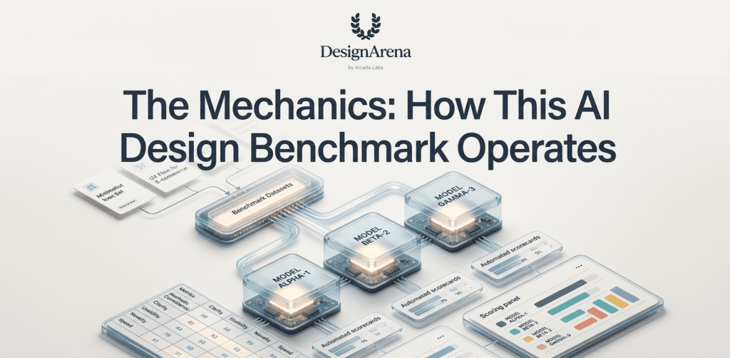 Technical diagram illustrating how an AI design benchmark evaluates models, scorecards, datasets, and visual performance metrics
