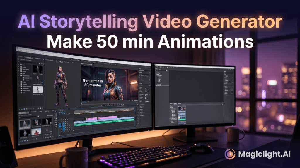 Dual-monitor editing setup in a night-lit studio, showing a character animation timeline and interface of an AI storytelling video generator used to create cinematic sci‑fi scenes.