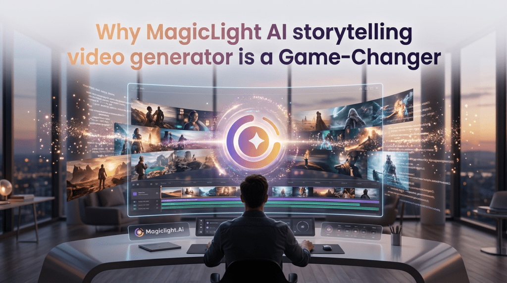 Person sitting at a futuristic curved workstation surrounded by floating cinematic scenes and code, using an AI storytelling video generator to create an epic fantasy film sequence.