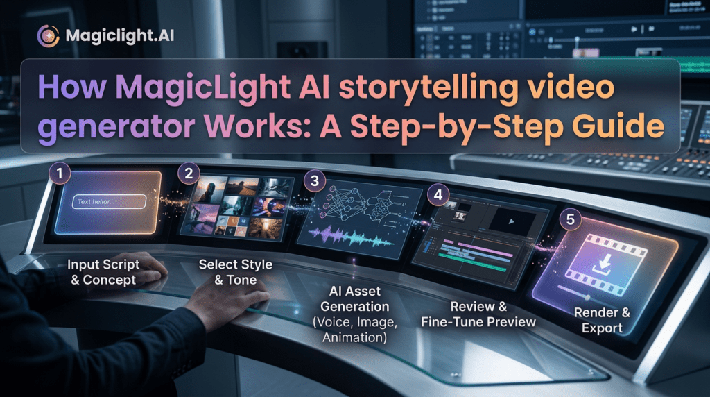 User operating a curved futuristic control panel that walks through each production stage, from script input to export, demonstrating how an AI storytelling video generator creates a finished movie.